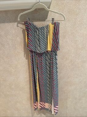 O'Neill Strapless Maxi Dress in Blue, Burgundy & Yellow